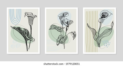 Abstract exotic flowers, nature tropical calla poster set. Modern illustration: tropical plants leaf, geo elements for minimalist print, poster, boho wall decor, flat design Vector minimal art.