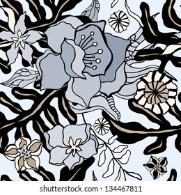 Abstract exotic flowers. Seamless pattern vector illustration.