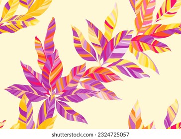 Abstraktes exotisches Blattwerk, nahtloses Muster-Design. Eleganter Bio-Frühling-Modedruck. Paradise Busch Zweig Blätter Wiederholung Muster. Streifen Texturblätter der Pflanze.