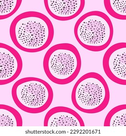 Abstract exotic fruit seamless pattern with pitaya or pitahaya. Funny liquid geometric shape seamless background with Latin American Dragon Fruit round circles. Repeat vector illustration
