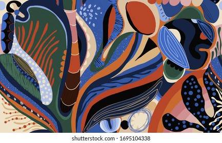 Padrão de ilustração exótica abstrata. Colagem criativa padrão sem emenda contemporânea. Modelo elegante para design. Cores naturais. 