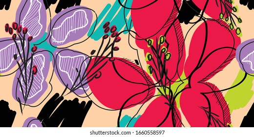 Abstract exotic jungle seamless pattern illustration. Fashion plants illustration pattern. For design.