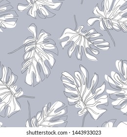 Abstract exotic leaves seamless pattern. Hand drawn tropical summer background: Philodendron monstera, palm leaf contours. Vector art illustration in pastel colors. 