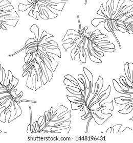 Abstract exotic leaves seamless pattern. Hand drawn tropical summer background: Philodendron monstera, palm leaf contours. Vector art illustration in pastel colors. 