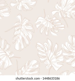 Abstract exotic leaves seamless pattern. Hand drawn tropical summer background: Philodendron monstera, palm leaf contours. Vector art illustration in pastel colors. 