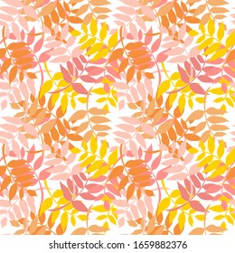 Abstract exotic leaves seamless pattern. Hand drawn tropical summer background: leaf contours, silhouette, splash, splatters, dots. Vector art illustration in vivid colors