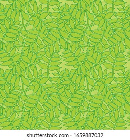 Abstract exotic leaves seamless pattern. Hand drawn tropical summer background: leaf contours, silhouette, splash, splatters, dots. Vector art illustration in vivid colors