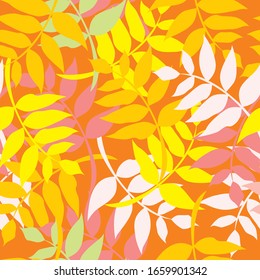 Abstract exotic leaves seamless pattern. Hand drawn tropical summer background: leaf contours, silhouette, splash, splatters, dots. Vector art illustration in vivid colors