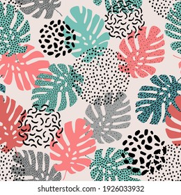 Resumen de hojas exóticas sin costura. Fondo de verano tropical dibujado a mano: siluetas de hojas de monstera con calamares, puntos, formas geométricas mínimas. Ilustración de arte vectorial en el moderno color de moda