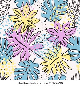 Abstract exotic leaves seamless pattern. Hand drawn tropical summer background: Philodendron monstera, fan palm leaves, contours of frond, squiggles, dots. Vector art illustration in retro colors