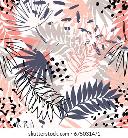 Hojas exóticas abstractas con un patrón impecable. Antecedentes tropicales dibujados a mano: contornos de hojas, silueta, salpicaduras, manchas, puntos. Dibujo artístico vectorial en colores vivos
