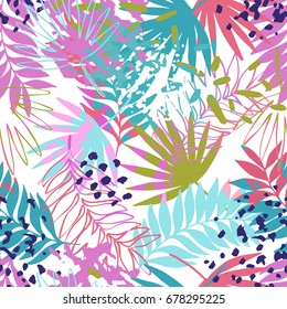 Abstract exotic leaves seamless pattern. Hand drawn tropical summer background: leaf contours, silhouette, splash, splatters, dots. Vector art illustration in vivid colors