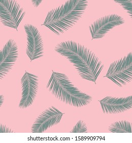 Abstract exotic palm leaf plants seamless vector pattern. Green tropical leaves on pink background. Tropical floral repeating backdrop. Vector illustration for fabric, packaging, banners, wrapping