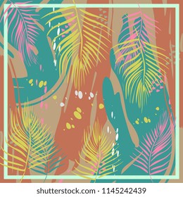 Abstract exotic pattern square colorful pastel colors trendy splash ink model with memphis hipster tropical style for hijab scarf vector textile print