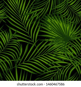 Abstract exotic plant seamless pattern on black background. palm leaves wallpaper.  Tropical pattern, vector botanical background.