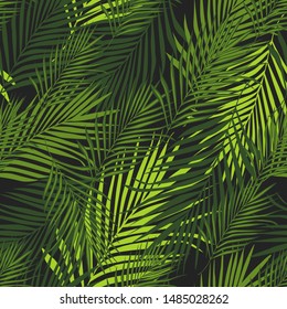 Abstract exotic plant seamless pattern on black background. Tropical pattern, vector botanical background. Palm leaves wallpaper. For book covers, design, graphic art, wrapping paper.