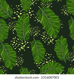 Abstrakte exotische Pflanzen nahtlos Muster. Botanische Blätter Tapete. Tropische Muster mit Palmenblättern und Blumenmotiven. Für Stoffdesign, Stoffdruck, Verpackungspapier oder sogar als Deckel.