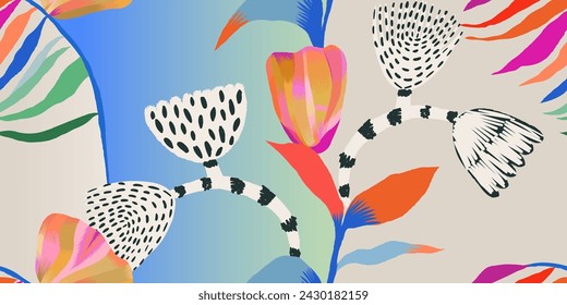 Abstract exotic playful flowers pattern. Juicy tropical contemporary seamless pattern. Hand drawn unique print.