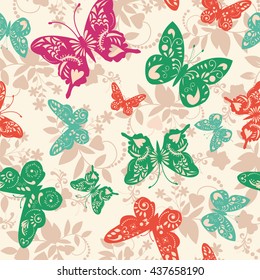 Abstract exotic seamless pattern with butterflies, vector illustration 