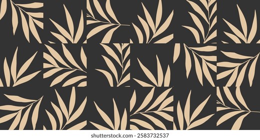 Abstract exotic seamless pattern with tile palms leaves. Modern collage contemporary background. Trendy minimal illustration. Surface cover design. Fabric textile print.
