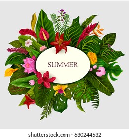 Abstract exotic tropical leaf background in vector for invitation greeting template of Summer