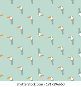 Abstract exotic zoo seamless pattern with little toucan birds ornament. Pastel blue palette animal backdrop. Flat vector print for textile, fabric, giftwrap, wallpapers. Endless illustration.