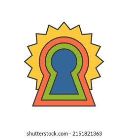 Abstract explosion angled rainbow lock key hole pop art groovy t shirt print vector cartoon illustration. Door access entrance mark private protection comic decorative design. Spy secret silhouette