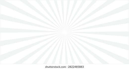 Abstract explosion background in gradient grey white color. Glare effect. Sunshine sparkle pattern. Vector illustration of a radial ray. Narrow beam. For backdrops, posters, banners, and covers.