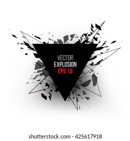 Abstract explosion cloud of black glass pieces on white background for design template with triangle. Vector illustration.