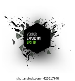 Nube de explosión abstracta de cristal negro sobre fondo blanco para la plantilla de diseño con hexágono. Ilustración vectorial.