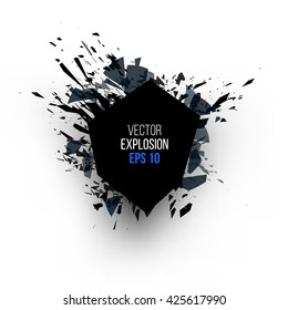 Abstract explosion cloud of black glass pieces on white background for design template with geometric shape. Vector illustration.