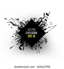 Abstract explosion cloud of black glass pieces on white background for design template with square. Vector illustration.
