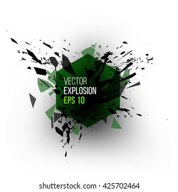 Abstract explosion cloud of black glass pieces on white background for design template with circle. Grunge vector illustration.