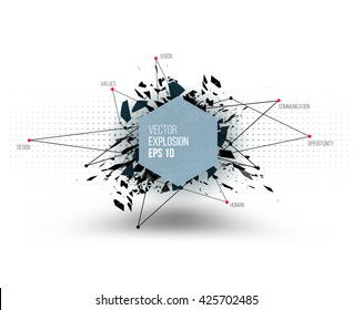 Abstract explosion cloud of black glass pieces on white background for design template with circle. Grunge vector illustration.