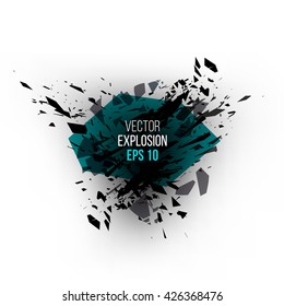 Abstract explosion cloud of black glass pieces on white background for design template with circle. Grunge vector illustration.