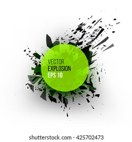 Abstract explosion cloud of green black glass pieces on white background for design template with circle. Grunge vector illustration.