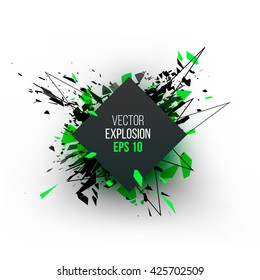 Abstract explosion cloud of green black glass pieces on white background for design template with circle. Grunge vector illustration.
