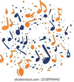Uma explosão abstrata de notas musicais coloridas irradiando de um ponto central, passando de tons azuis para cor-de-rosa e laranja.