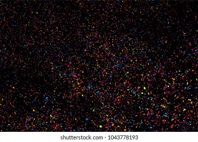 Abstract explosion of confetti. Colored stains and blots. Colorful grainy texture isolated on black background.  Vector illustration,eps 10.