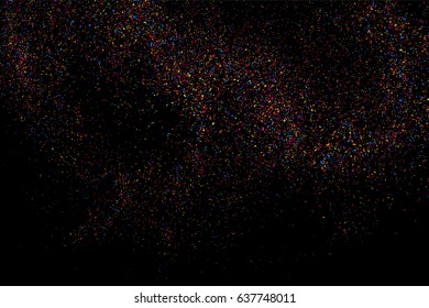 Abstract explosion of confetti. Colored stains and blots. Colorful grainy texture isolated on black background.  Vector illustration,eps 10.