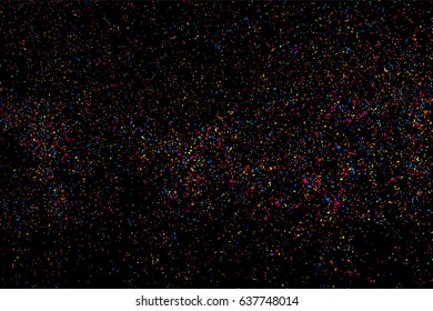 Abstract explosion of confetti. Colored stains and blots. Colorful grainy texture isolated on black background.  Vector illustration,eps 10.