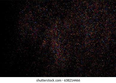 Abstract explosion of confetti. Colored stains and blots. Colorful grainy texture isolated on black background.  Vector illustration,eps 10.