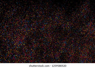 Abstract Explosion Of Confetti. Colorful Grainy Texture Isolated On Black Background. Colored Stains And Blots. Vector Overlay Elements. Digitally Generated Image. Illustration, Eps 10.