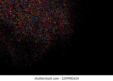 Abstract Explosion Of Confetti. Colorful Grainy Texture Isolated On Black Background. Colored Stains And Blots. Vector Overlay Elements. Digitally Generated Image. Illustration, Eps 10.
