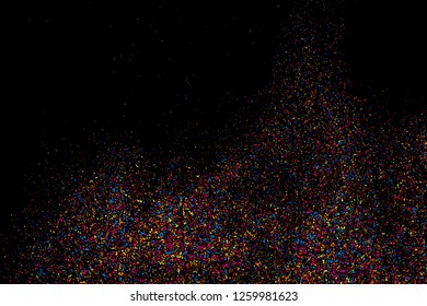 Abstract Explosion Of Confetti. Colorful Grainy Texture Isolated On Black Background. Colored Stains And Blots. Vector Overlay Elements. Digitally Generated Image. Illustration, Eps 10.