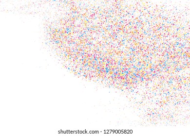 Abstract Explosion Of Confetti. Colorful Grainy Texture Isolated On White Background. Colored Stains And Blots. Vector Overlay Elements. Digitally Generated Image. Illustration, Eps 10.