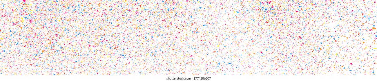 Abstract Explosion of Confetti. Colorful Grainy Texture Isolated on White Panoramic Background. Colored Stains and Blots. Wide Horizontal Long Banner For Site. Illustration, EPS 10.  