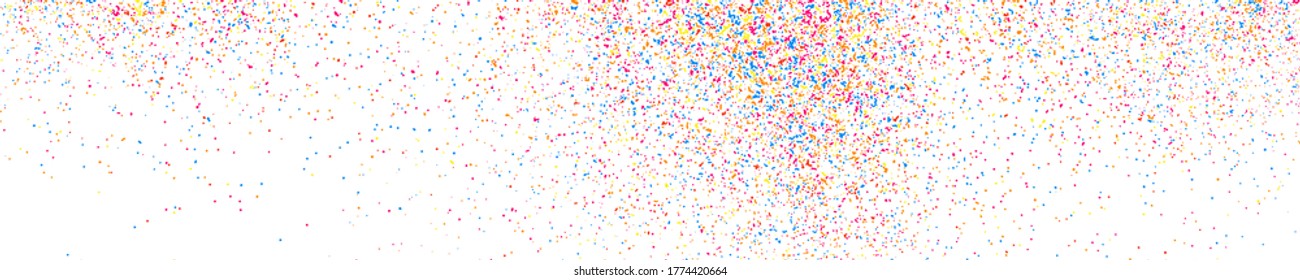 Abstract Explosion of Confetti. Colorful Grainy Texture Isolated on White Panoramic Background. Colored Stains and Blots. Wide Horizontal Long Banner For Site. Illustration, EPS 10.  