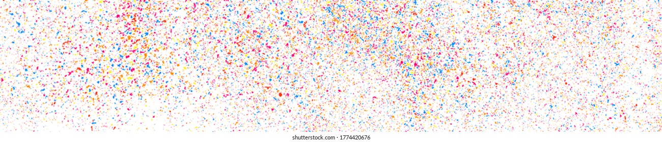 Abstract Explosion of Confetti. Colorful Grainy Texture Isolated on White Panoramic Background. Colored Stains and Blots. Wide Horizontal Long Banner For Site. Illustration, EPS 10.  