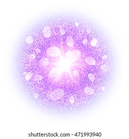Abstract explosion with dust elements isolated on white. Burst of glowing star. Bright dust firework light effect with magenta glow. Sparkles splash powder background. Vector illustration.